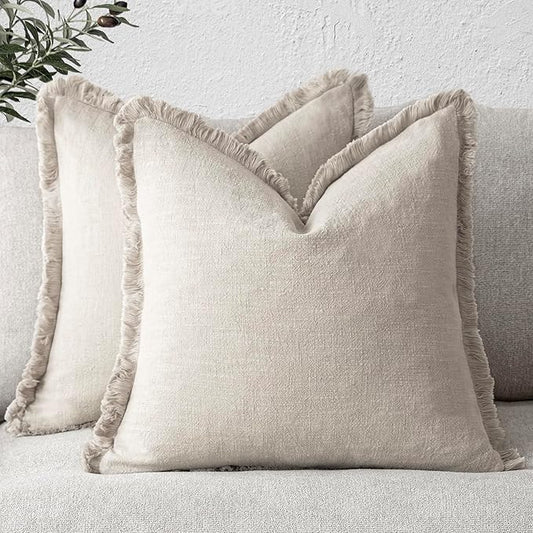 Foindtower Set of 2 Decorative Linen Fringe Throw Pillow Covers Cozy Boho Farmhouse Cushion Cover with Tassels Soft Accent Pillowcase for Couch Sofa Bed Living Room Home Decor, 16×16 Inch, Beige