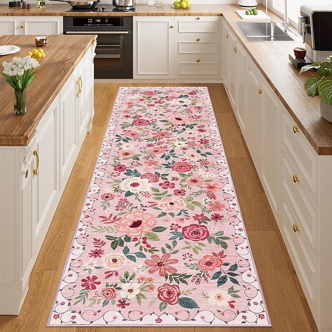 DUKINO 3x10 Runner Rug for Hallway, Washable Kitchen Floral Runner Rug with Non Slip Backing, Low Pile Soft Boho Carpet for Kitchen, Hallway, Entryway, Laundry, Bedroom, Pink