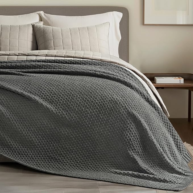 EVERGRACEHOME Chunky Chenille Knit Throw Blanket for Couch, Soft Luxurious Oversized Queen Moss Stitch Blanket for Bed, Cozy Farmhouse Knitted Throw for Sofa, Charcoal Gray, 90" x 90"