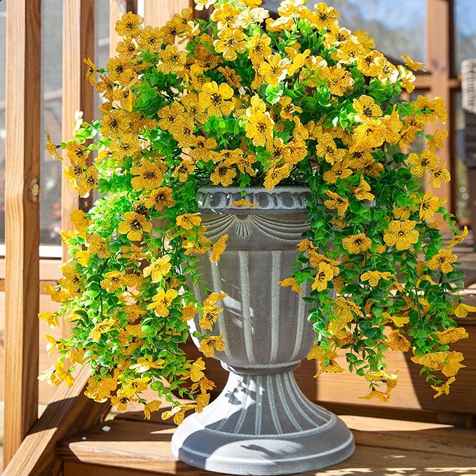 HyeFlora Artificial Hanging Flowers for Outdoors Decoration, 2pcs Fake Daisy with Eucalyptus Leaves for Garden Yard Porch (Yellow)