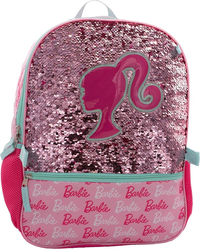 AI ACCESSORY INNOVATIONS Barbie 4 Piece Backpack Set, Sparkle & Shine with this Magic Flip Sequin School Bag for Girls with Zip Front Pocket, Pink