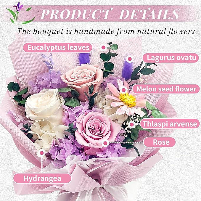 QOEAZY Flowers for Delivery, Preserved Flowers Bouquet with Gift Box, Rose Gifts for Women Mom Grandma
