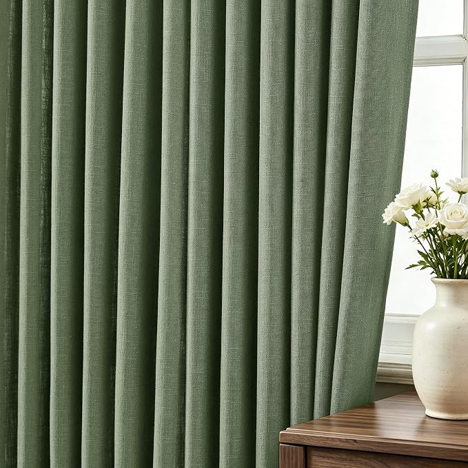 Olive Green Linen Pinch Pleated Curtains 84 inches Long Modern Farmhouse Light Filtering Memory Trained Pinch Pleat Curtain with Hooks Moss Green Aesthetic Pleated Drapes for Living Room Bedroom Loden