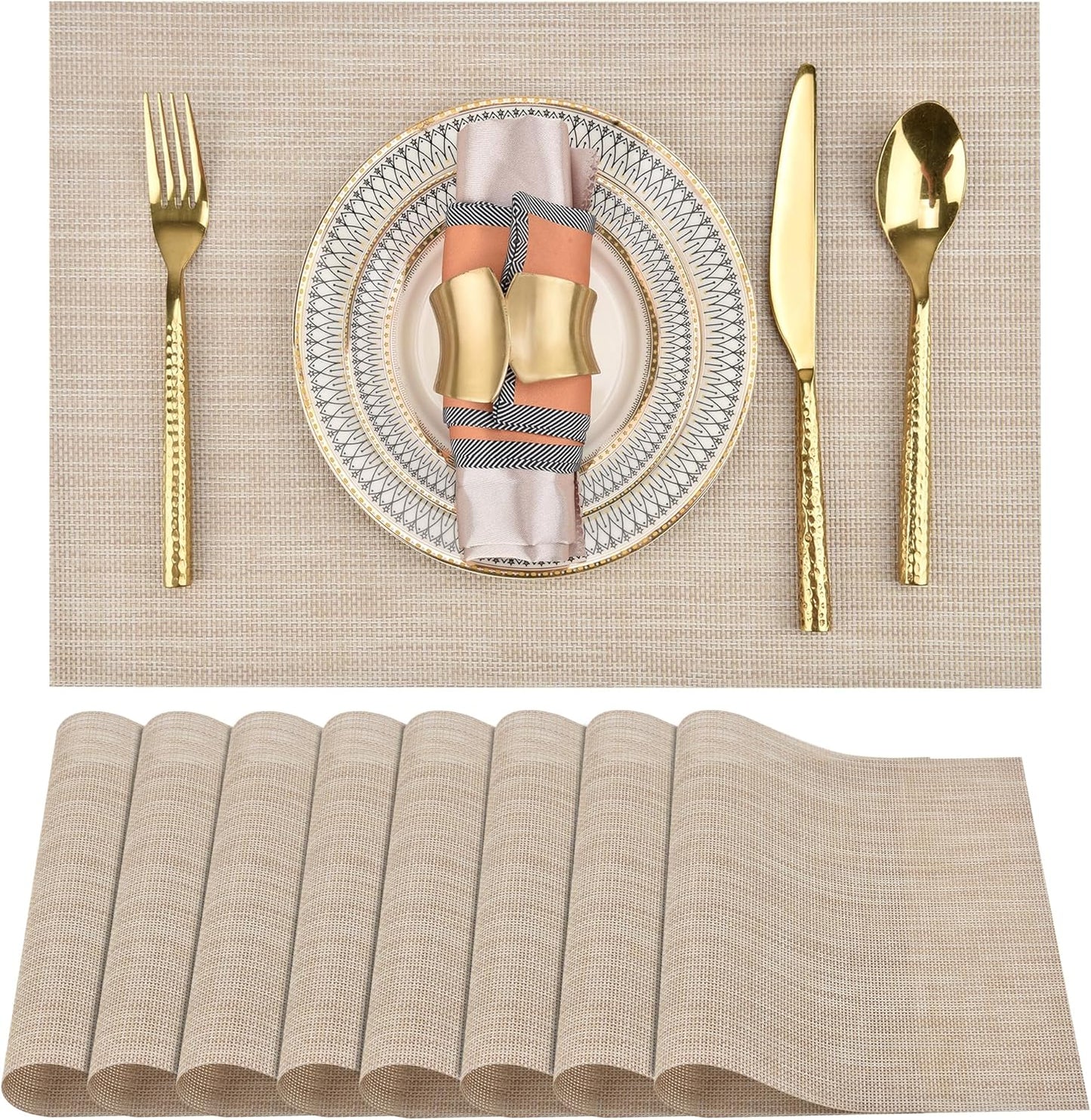 Placemats Set of 8 - Easy Clean Washable Vinyl Placemats - Wipeable Heat Resistant Table Mats for Dining Table - 17.7x11.8 Inch (8, Beige)