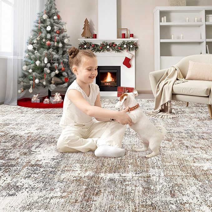 UERMEI Area Rug Living Room Rugs - Washable Neutral Modern Abstract Soft Thin Rug Indoor Floor No Slip Rug Carpet for Bedroom Under Dining Table Home Office Decor - Brown/Grey/Red - 8x10