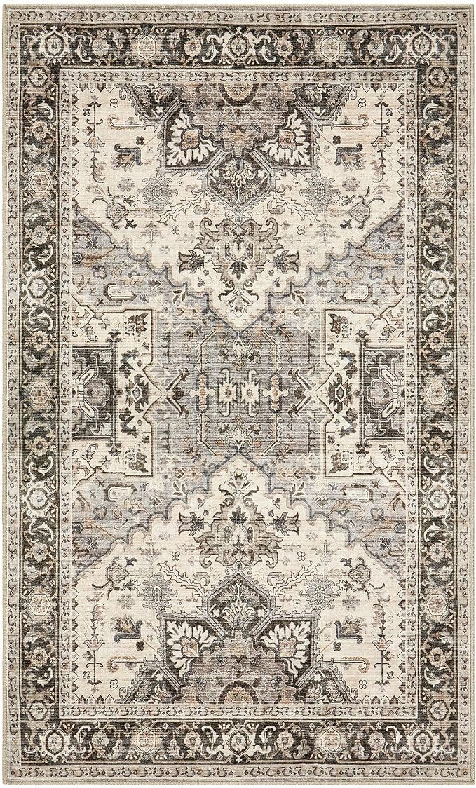 3x5 Washable Entryway Rug: Non-Slip Soft Vintage Floral Indoor Area Rug for Living Room Large Kitchen Entryway Bedroom Bedside, Door Mat Throw Carpet for Laundry Foyer Home Decor (Brown)