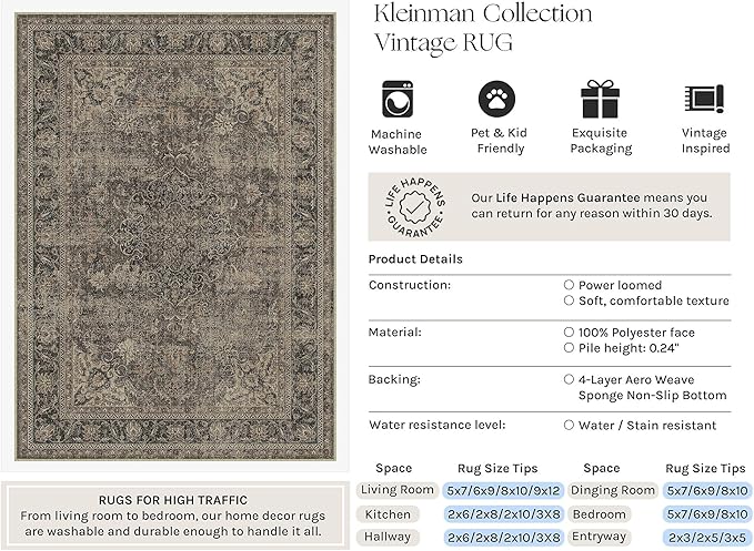6x9 Washable Area Rug Brown Vintage Non Slip Soft Low Pile Rug for Living Room Bedroom Dining Room Office Distressed Oriental Indoor Throw Carpet for Home Decor