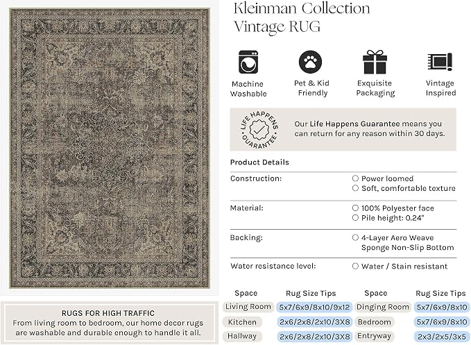 8x10 Washable Area Rug Brown Vintage Non Slip Soft Low Pile Rug for Living Room Bedroom Dining Room Office Distressed Oriental Indoor Large Throw Carpet for Home Decor