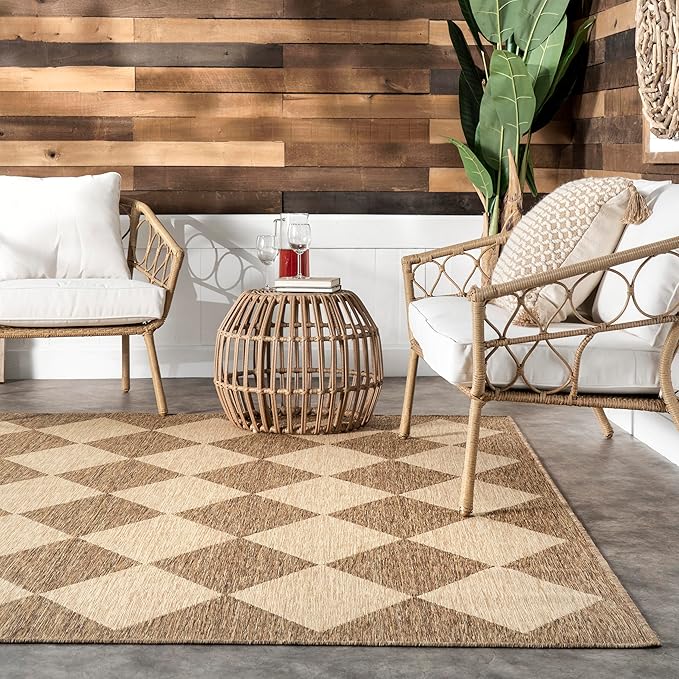 Nuloom Outdoor Performance Collection Sabina Brown/Ivory, 6'7" Square, Soft, High Traffic, Stain Resistant, Easy Clean, Durable Area Rug for Indoor/Outdoor Patio, Deck, Porch, Garden, Courtyard