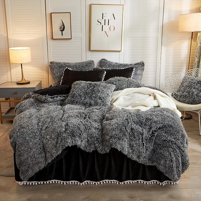 LIFEREVO Luxury Plush Shaggy Duvet Cover Set, Soft Velvet Fluffy Furry Duvet Cover Set(1 Faux Fur Fuzzy Comforter Cover + 1 Pompoms Pillow Sham) Bedding Set, Zipper Closure(Twin/Twin XL,Ombre Black)