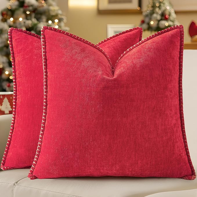 decorUhome Chenille Soft Cozy Throw Pillow Covers 22x22 Set of 2, Modern Farmhouse Boho Velvet Decorative Euro Sham Pillow Cases with Stitched Edge for Couch Sofa Bed Home Decor, Christmas Red