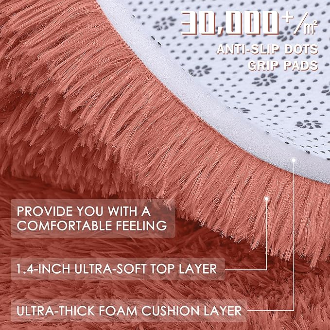 OLANLY Rust Red Round Rugs for Bedroom - Machine Washable, 2 ft Circle Area Rugs for Living Room, Soft and Fluffy Shaggy Carpet for Teen Girl and Boys, Nursery Rooms, Dorms, Home Decor Aesthetic