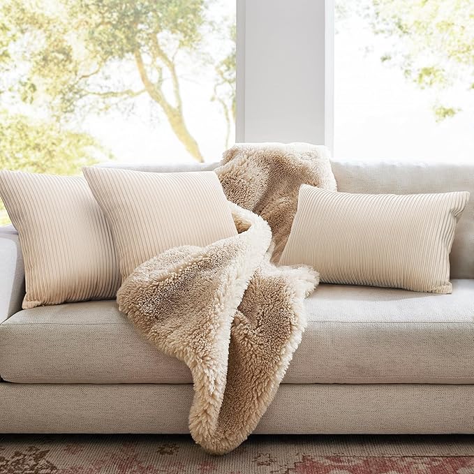 YCOLL Beige Pillow Covers 22x22 Set of 2 Velvet Striped Pattern - Soft Throw Pillows for Home Decor, Luxury Decorative Pillow Covers for Couch, Bed,Living Room