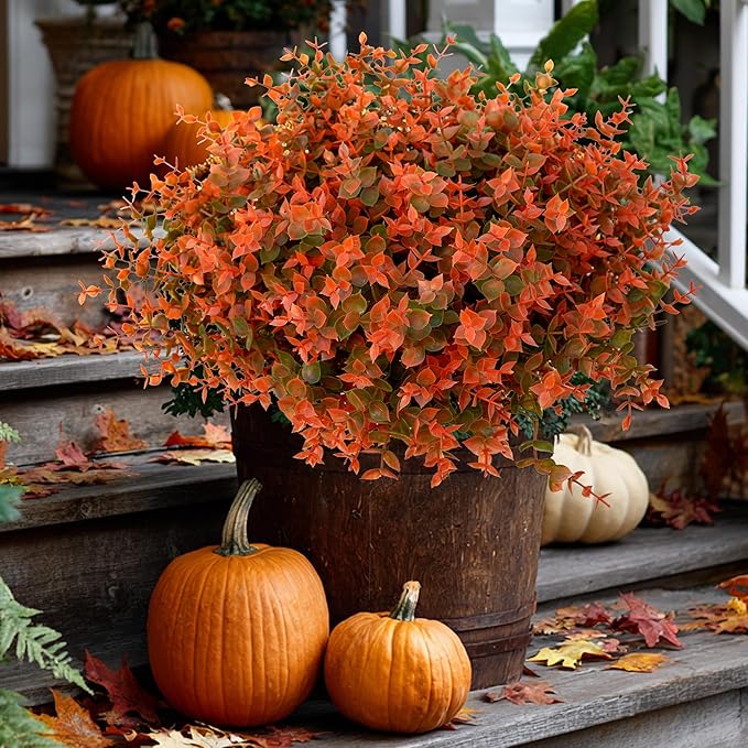 AXYLEX Artificial Fall Flowers Outdoor Fake Mums - 16 Bundles Fake Plants UV Resistant No Fade Faux Plastic Greenery Garden Porch Patio Fall Home Decor (Green Orange)