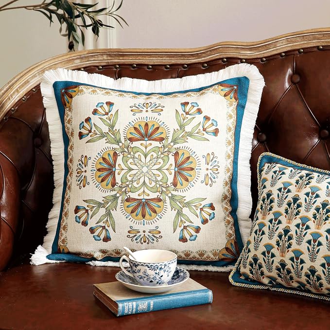 patdrea Designer Vintage Linen Pillow Cover,18"x18",Set of 2-Wensel B | RusticDecorative Pillow Case with Zipper,Floral Pattern,Cushion Coverfor Couch Living Room Bedroom Sofa