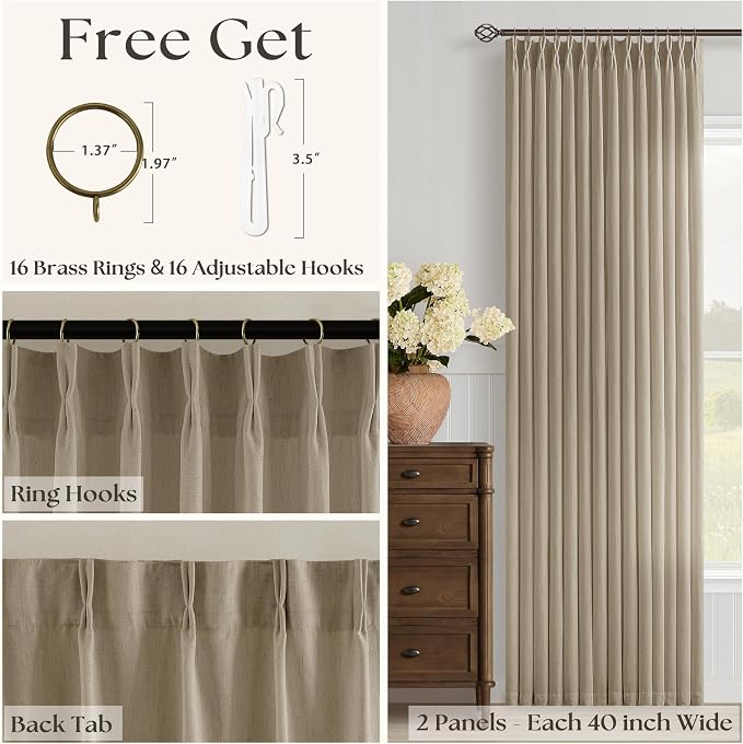Tan Beige Pinch Pleated Linen Curtains 86 Inch Length 2 Panels for Living Room Bedroom Light Filtering Burlap Semi Sheer Window Curtain Boho Farmhouse Back Tab Pinch Pleat 86 Inch Drape Khaki Camel