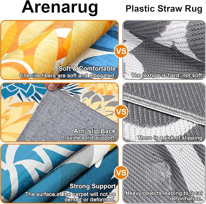 Colorful 6x9 Outdoor Area Rug Washable Multicolored Patio Rug Tropical Botanical Floral Chenille Waterproof Outdoor Carpet Non-Slip for Patio, Deck, Backyard, Porch, Ocean Dahlia