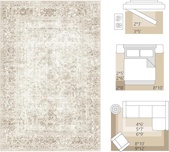 FMFUNCTEX 7x10 Washable Area Rug Beige Vintage Neutral Distressed Large Non Slip Carpet for Living Room Bedroom Soft Low Pile Indoor Mat Retro Floral Thin Rug for Dining Room Kitchen Office Nursery