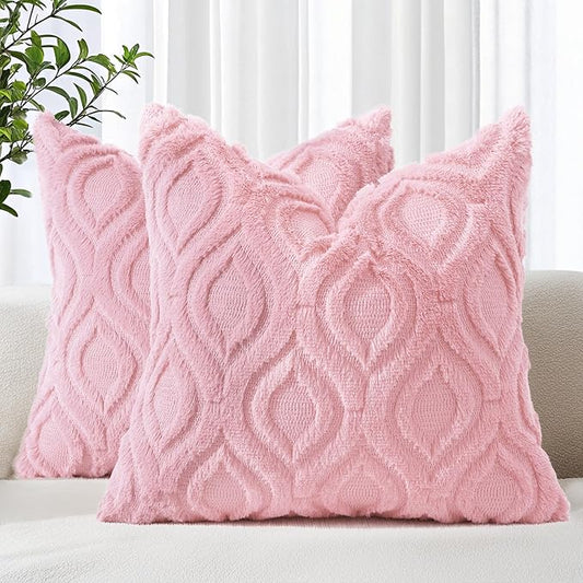 decorUhome Summer Throw Pillow Covers 20x20 Inch Set of 2, Soft Plush Faux Wool Light Pink Solid Couch Pillow Covers, Accent Farmhouse Neutral Square Pillow Cases for Sofa Bed Living Room