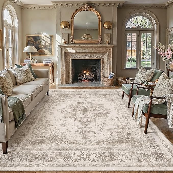 PureCozy Area Rug 8x10 Beige Washable Living Room Carpet Non Slip Vintage Medallion Indoor Bedroom Carpet Low Pile Soft Retro Distressed Large Rug Home Office Dining Room Playroom