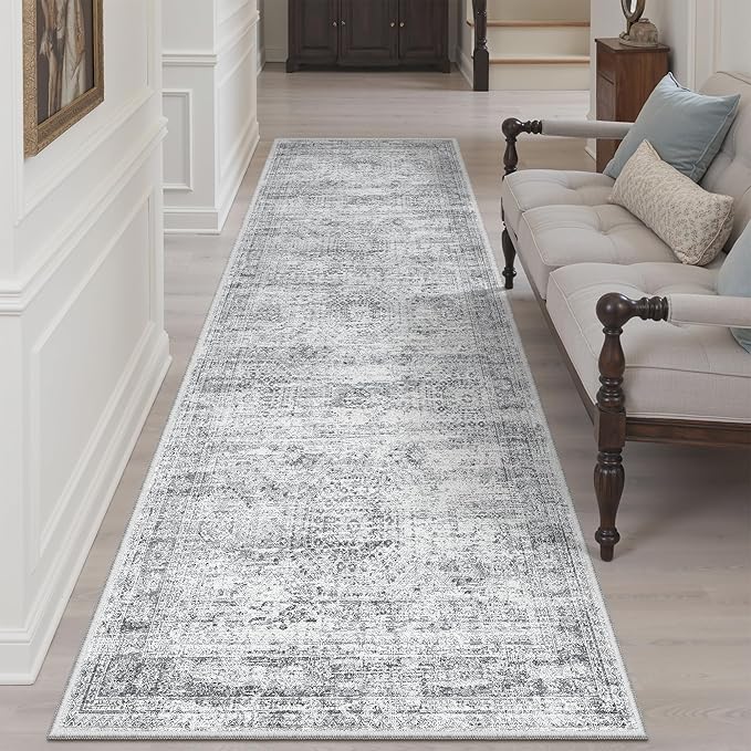 Soalmost Runner Rug 3x8 Washable Non-Slip Hallway Runner Rugs for Kitchen Bathroom Laundry Room Grey Vintage Floor Carpet Runners for Hallways Entryway