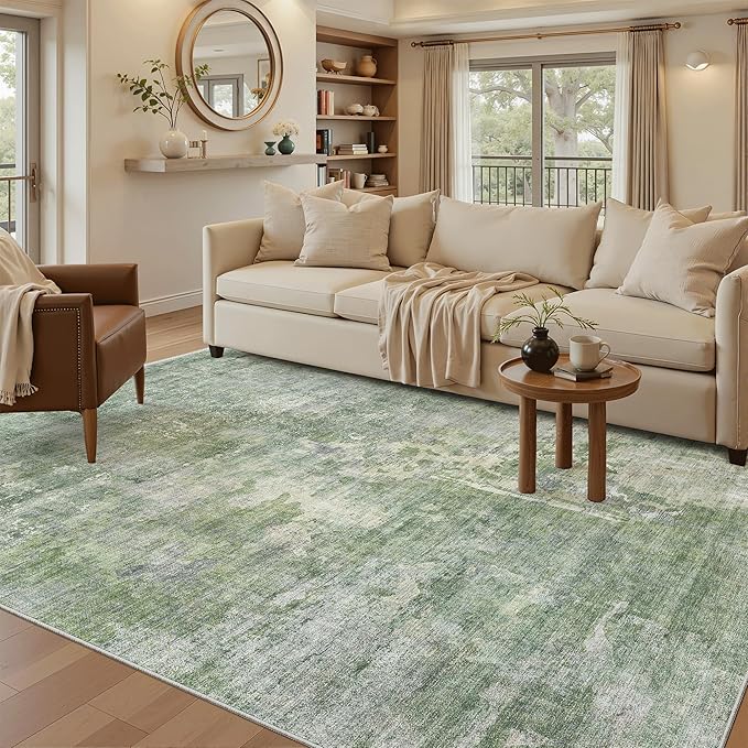 Soalmost 5x8 Area Rugs Green/Ivory Low Pile Indoor Washable Trendy Faded Style Rugs for Bedroom Living Room Dining Room Foldable Non-Slip Thin Print Home Office Mat