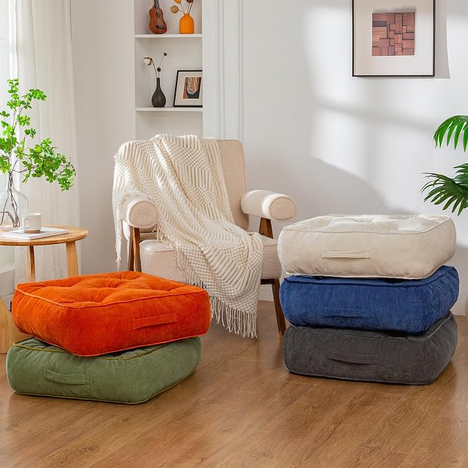 HIGOGOGO 6" Extra Thick Floor Pillow Cushion for Adults, Meditation Cushion Pillow with Handle, Lustrous Chenille Tufted, Square Floor Sitting for Tatami Living Room or Yoga, 22x22 Inch, Navy