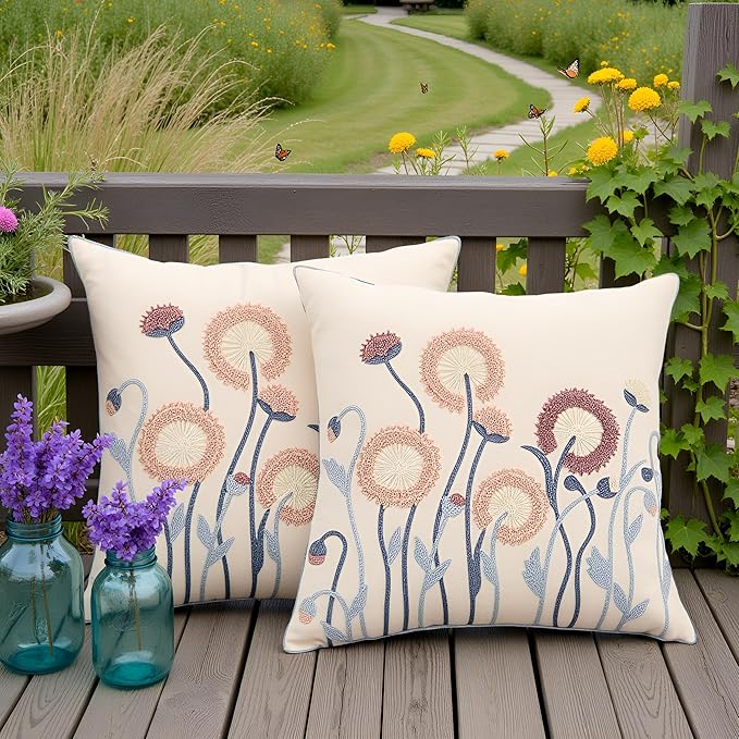 Embroidery Throw Pillow Covers 18x18 Set of 2 Vintage Blowball with Blue Leaves Farmhouse Pillow Cushion Case Decorative Pillowcases Square Rustic Floral Pillow Case Spring Summer Home Decor