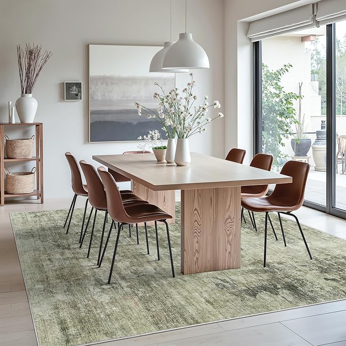 Soalmost Abstract Rug 8x10 Large Living Room Neutral Modern Washable Area Rugs for Bedroom Dining Room Non-Slip Stain Resistant Foldable Thin Green Black