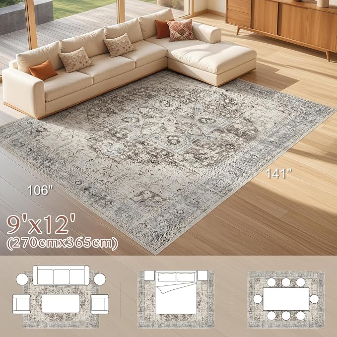 Tortania Area Rug Living Room Rugs - 9x12 Washable Boho Rug Vintage Oriental Distressed Farmhouse Large Thin Indoor Carpet for Living Room Bedroom Under Dining Table Home Office - Brown Blue