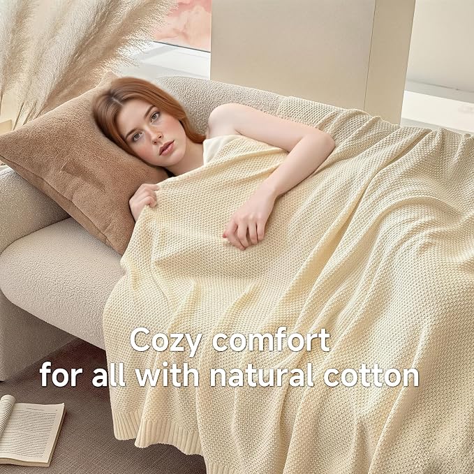 Simple&Opulence 100% Cotton Blanket King Size, Solid Color Cable Knitted Blanket Super Soft Comfortable Breathable Decorative Farmhouse for Couch Sofa Bed, All Season Use(White,104x90)