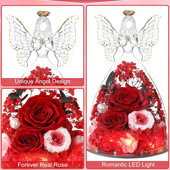 Mothers Day Rose Gifts for Women Preserved Real Flower in Glass Angel Figurines Roses for Delivery Prime Birthday Gifts for Mom Grandma Girlfriend Wife Her,Red Pink Austin Roses