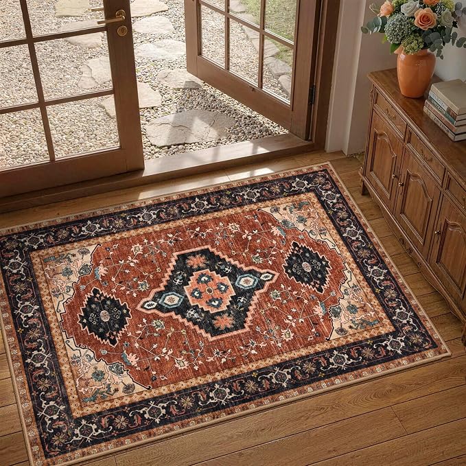 Tangsoo Oriental 2X3 Washable Rugs, Orange Vintage Non Slip Small Area Rug Carpet, Indoor Front Door Rug for Entryway, Door Mat Indoor Entrance Soft Low Pile Throw Rugs for Entry Kitchen Bedroom