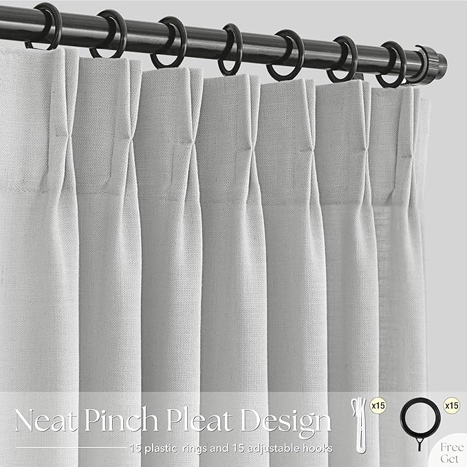 Grey Pinch Pleated Linen Curtains 96 Inch Length 2 Panels for Living Room Bedroom Textured GreySemi Sheer Drapes Pinch Pleat Rings Window Curtain 40x96