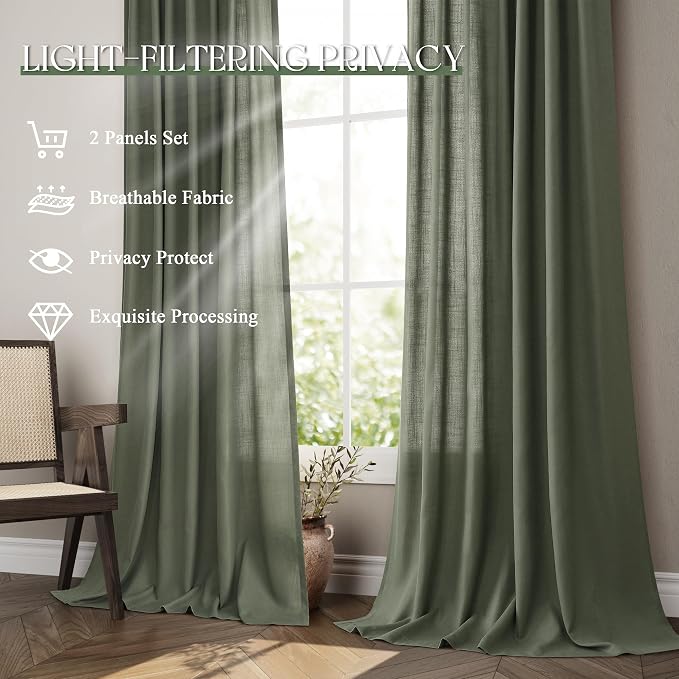 Jowels Forest Green Linen Curtains 84 Inch Long 2 Panels for Living Room | Olive Green Light Filtering Sheer Curtain,Back Tab Pocket Pleated Look, Farmhouse Textured Privacy Drapes for Bedroom Window