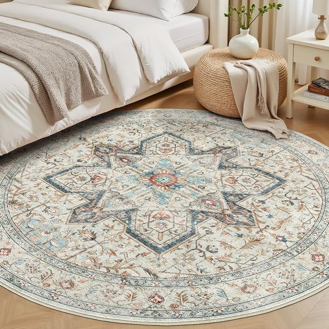 Tortania 10' Round Area Rug Living Room Rugs - Washable Boho Rug Vintage Oriental Distressed Farmhouse Large Thin Indoor Carpet for Bedroom Under Dining Table Home Office - Aqua Multi