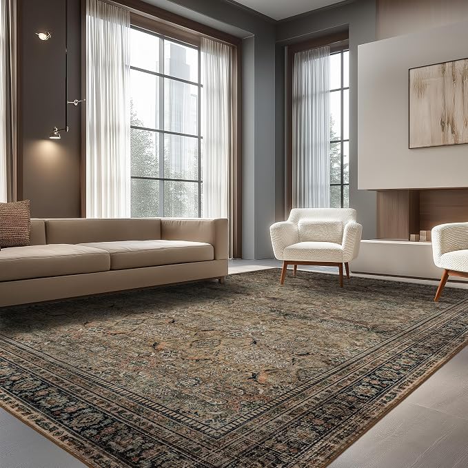 Ruaruarug Washable Area Rug 8x10 for Living Room, Bedroom, Ultra Soft Non Slip Stain & Fade Resistant, Pet & Kids Friendly, Suitable for High Traffic Areas Easy to Clean, Vintage Brown