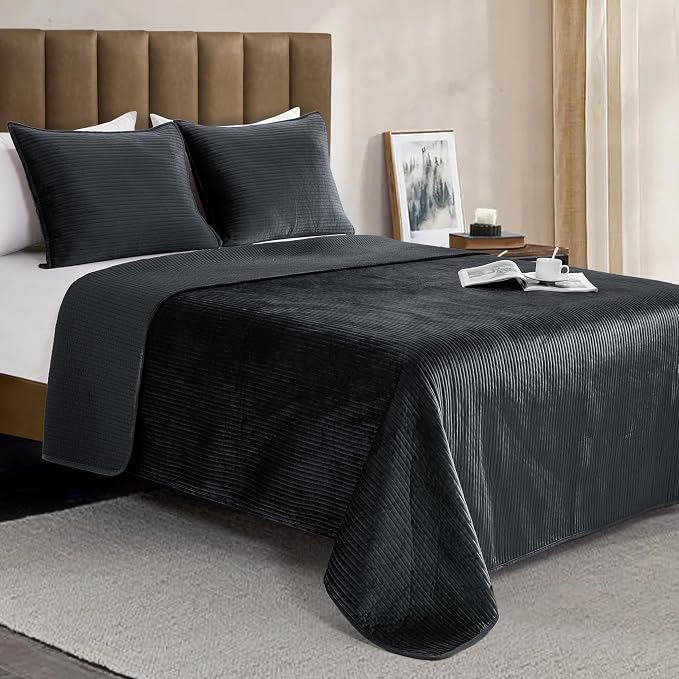 Elegant Comfort Luxury 3-Piece Velvet Corduroy Stripe Quilt Set, Ultra Soft Bedspread - Cozy Velvet Coverlet Set - 3PC Medium Weight Quilted Set with Matching Pillow Shams, Twin, Black