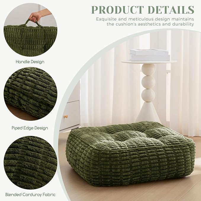 HIGOGOGO 8" Floor Pillow Cushion for Adults, Meditation Cushion Pillow, Blended Corduroy Cover, Large Square Floor Sitting for Tatami Living Room or Yoga, 22x22 Inch, Dark Green