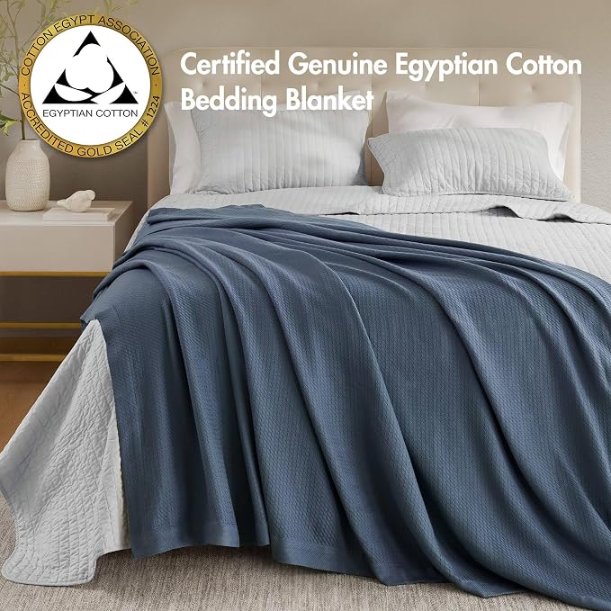 Madison Park 100% Egyptian Cotton Lightweight Summer Blanket, Breathable Waffle Knit Design, Soft Cozy All-Season Throw for Bed, Couch or Sofa, Navy Blue Full/Queen Size (90"x90")