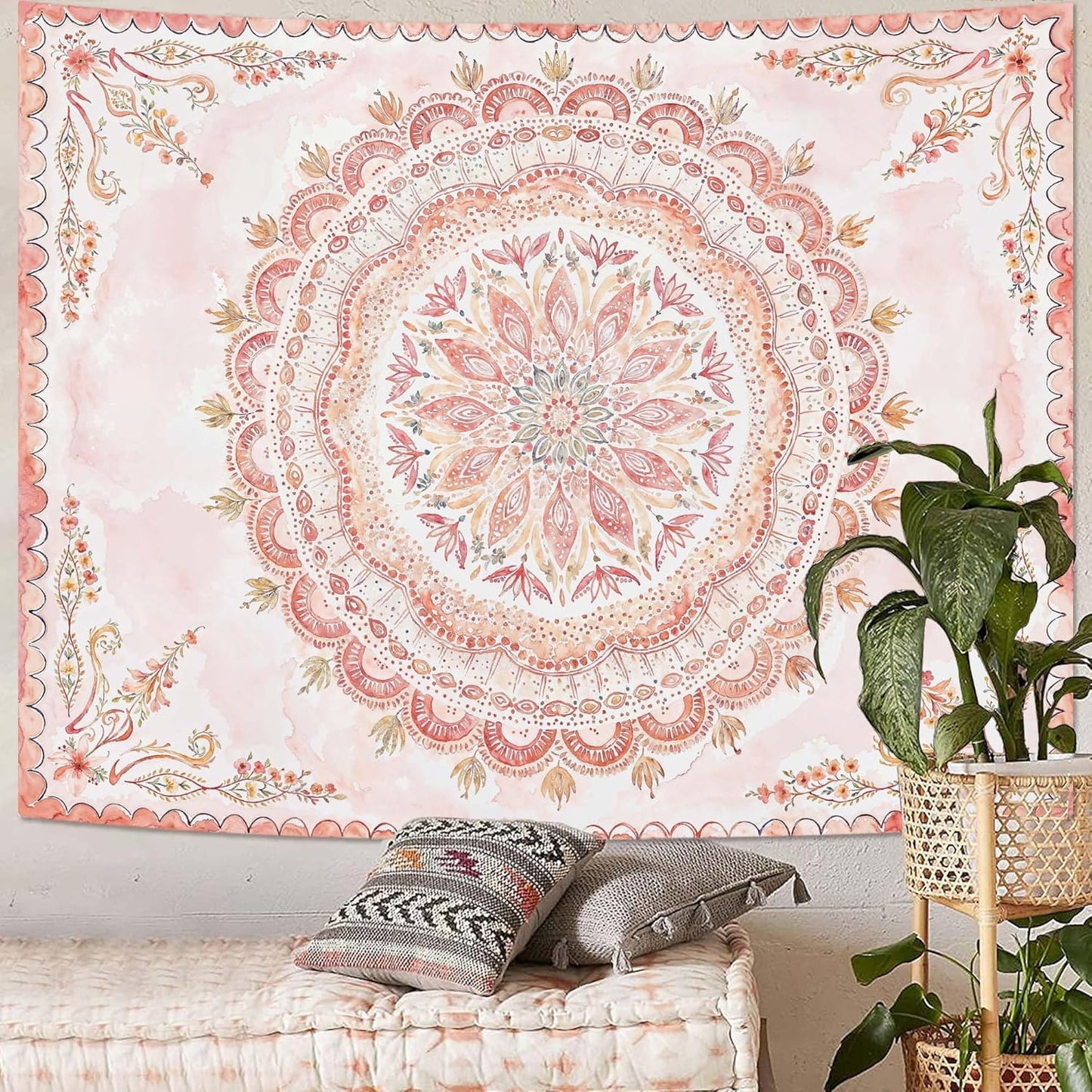 Fowocu Boho Floral Mandala Tapestry Wall Hanging Pink Bohemian Flower Medallion Tapestry Aesthetic Watercolor Hippie Indian Small Tapestries for Bedroom Living Room Dorm Decor 48 x 36 Inch