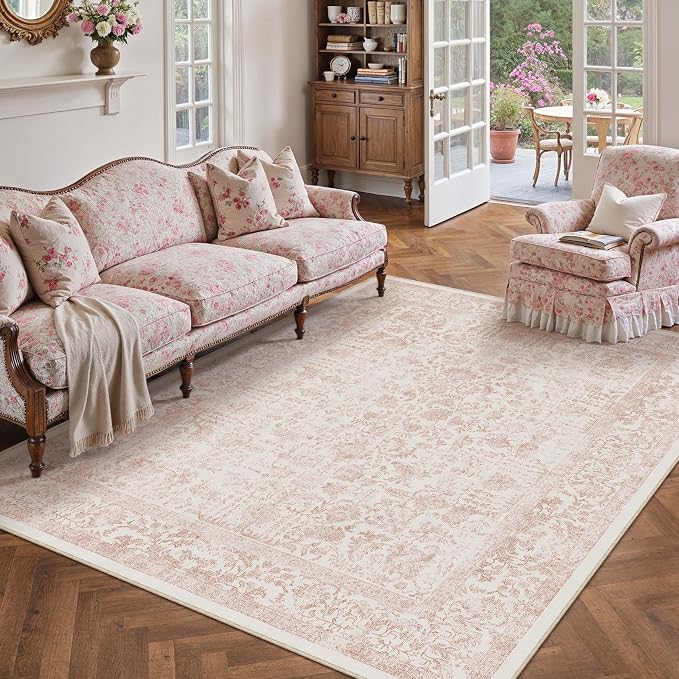 PureCozy Pink Area Rug 5x7 Machine Washable Vintage Living Room Distressed Non Slip Carpet Traditional Indoor Bedroom Retro Floral Accent Throw Large Rug Office Kitchen Bathroom Dining Room
