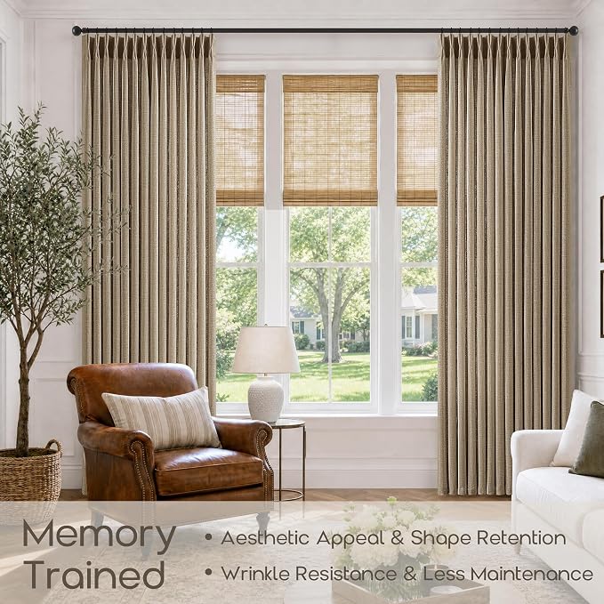 96 Inch Pinch Pleated Linen Curtains 2 Panels Dark Flax Brown Cottage Memory Shape Semi Sheer Pleat Textured Drapes for Living Dining Room Bedroom Tan Light Filtering Window Curtains 40 Inch Width