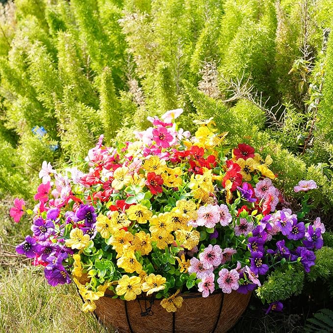 trytuny Artificial Flowers for Outdoor, UV Resistant Fake Silk Flowers, Realistic Faux Plants for Outside Indoor Porch Patio Window Box Planter Home Decor (20, Yellow Purple Rosy Pink Red)