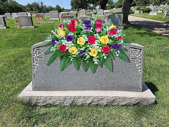 LVXINLI Artificial Cemetery Flowers Saddle-Shaped Tombstone Decorations Non-Fading UV-Resistant（Yellow+Purple+Brilliant Red Saddle）