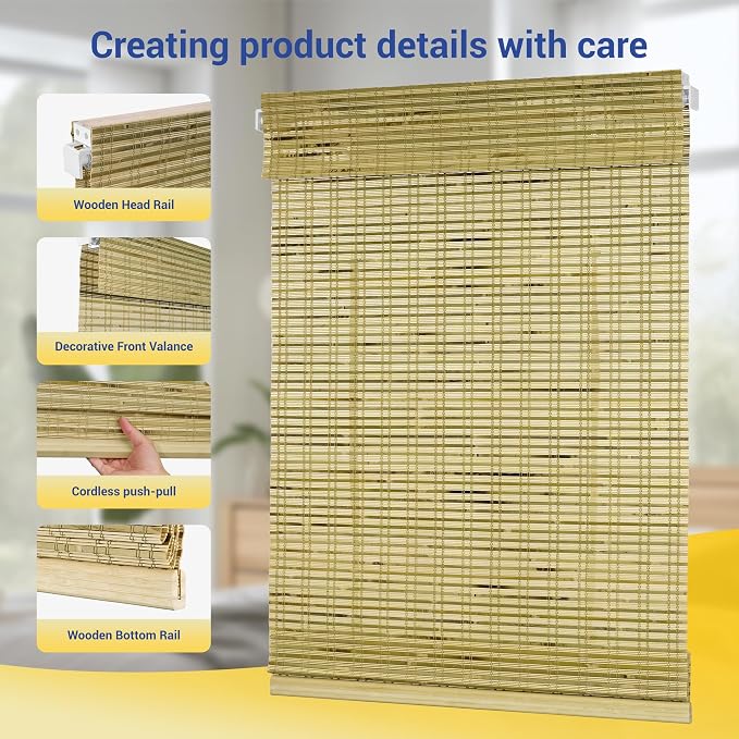 No Drill No Tools Bamboo Roman Shades, Cordless Light Filtering Window Blinds with Valance, Natural Woven Wood Shades for Living Room Dining Room,Stripped Raw Bamboo（Sheer-View）, 46.5"W x 64"H