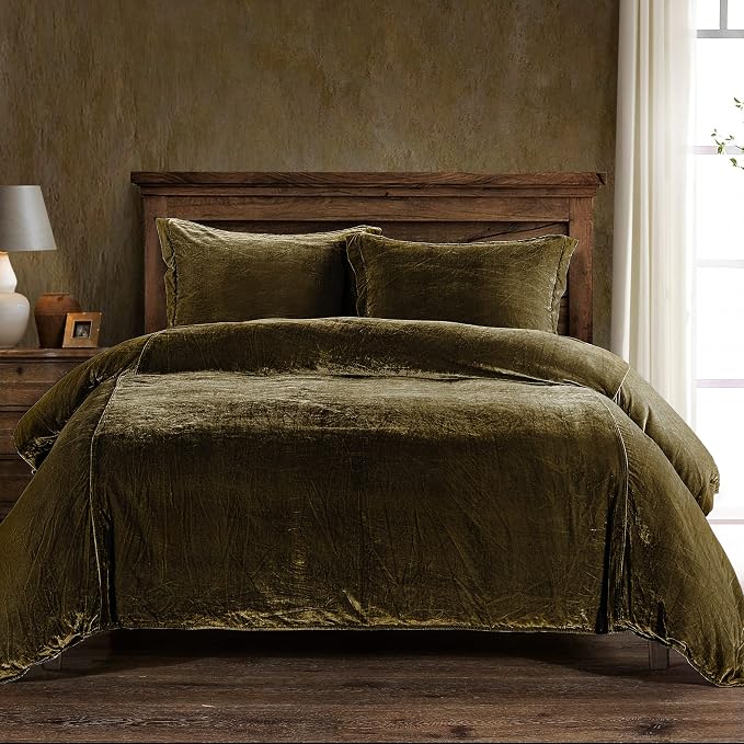 HiEnd Accents Stella Faux Silk Velvet 3 Piece Duvet Cover Set with 2 Pillow Shams, Queen, Green Ochre, Romantic Western Modern Traditional Style Bedding, 1 Comforter Cover and 2 Pillow Cases