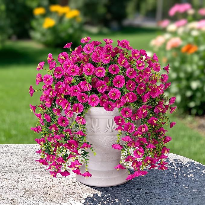 Artificial Faux Hanging Flowers Plant for Outdoor Decor,2 PCS Fake Silk Morning Glory with Eucalyptus UV Resistant Realistic Trailing Vine for Wall Home Porch Patio Balcony Yard Indoor Decor, Fuchsia