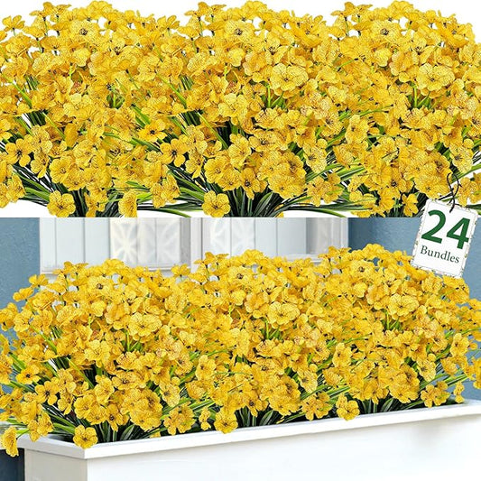 Ouddy Decor 24 Bundles Artificial Flowers for Decorations Fake Silk Plants for Outdoor Indoor UV Resistant Faux Plastic Greenery Stems for Window Garden Porch Home Spring Summer Decoration, Yellow