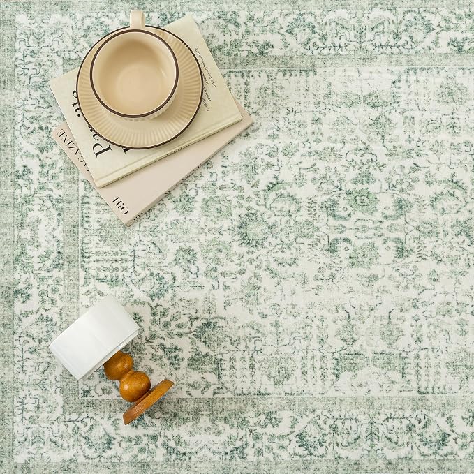 PureCozy Sage Green Area Rug 9x12 Living Room Washable Carpet Vintage Distressed Non Slip Bedroom Carpet Neutral Low Pile Retro Floral Farmhouse Large Rug Home Office Dining Room Playroom